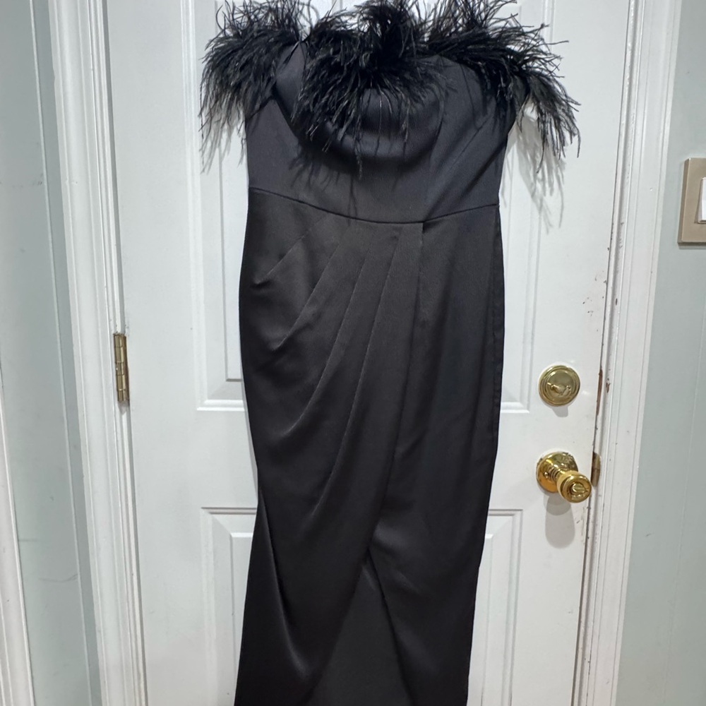 Aidan by Aidan Mattox Black Strapless Dress with Feather Trim